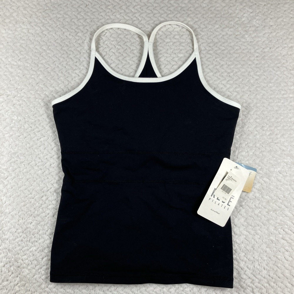 NWT RESE PILATES Athletic Tank Top Shelf Bra Cross Back Black USA M MSRP $52